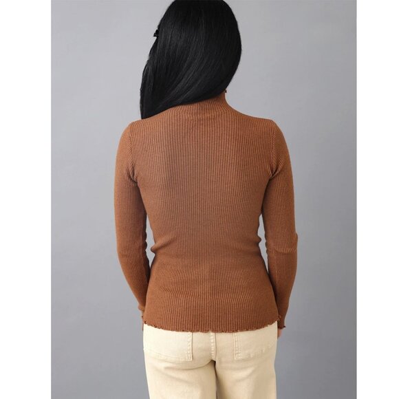 Stretchy Brown Ribbed Knit Lettuce Trim Sweater Top - Picture 3 of 5